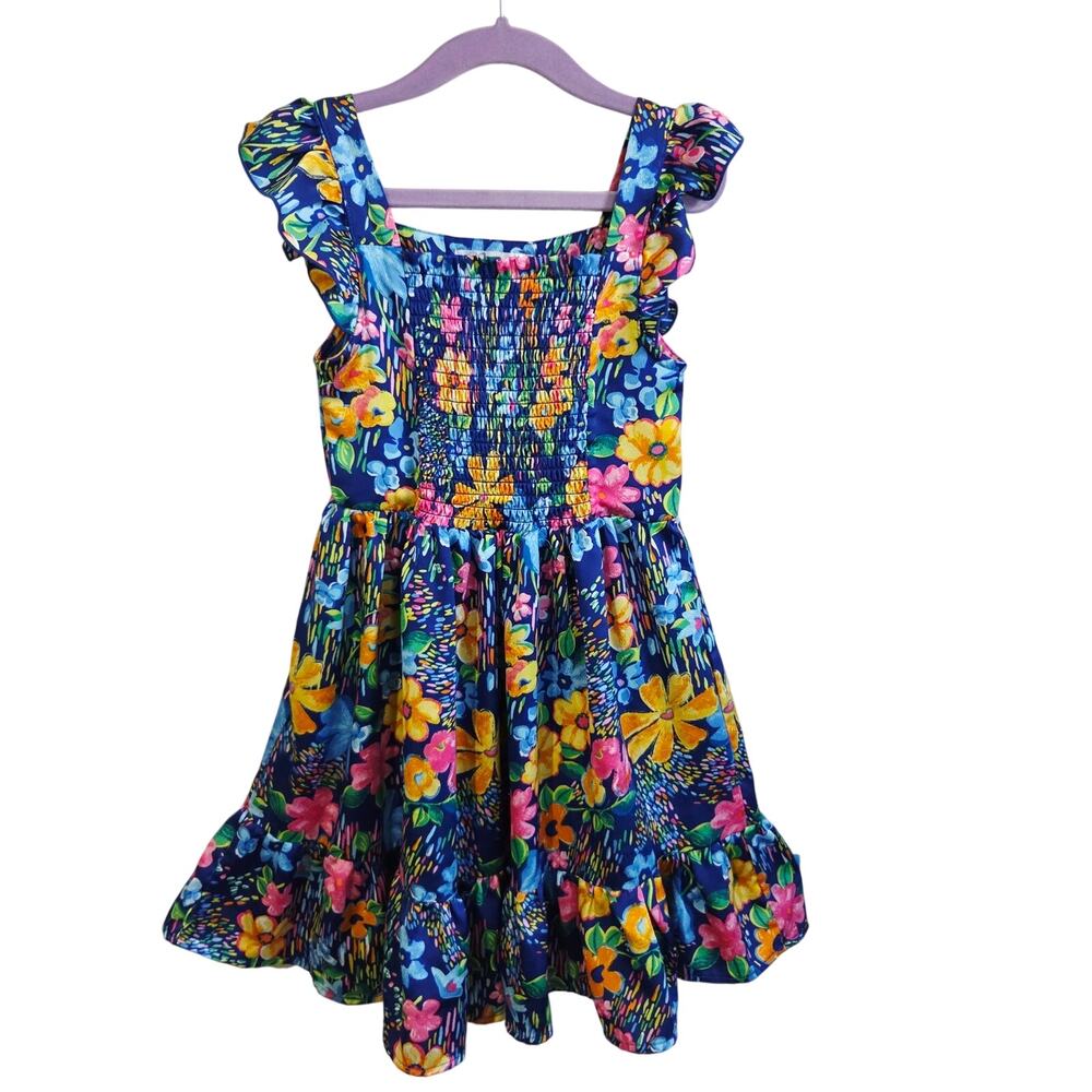 Nanette Girls Sz 6 Smocked Fit & Flare Dress Blue Mixed Tropical Floral Vacation